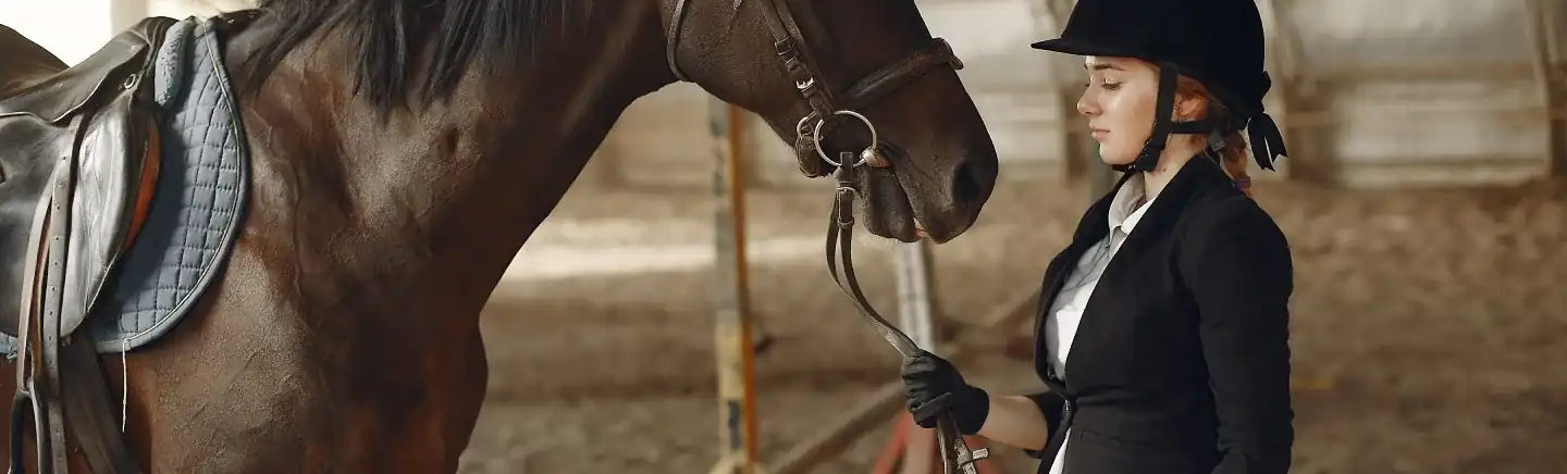 Amazzone in giacca nera tiene le redini di un cavallo baio sellato pronto per la lezione