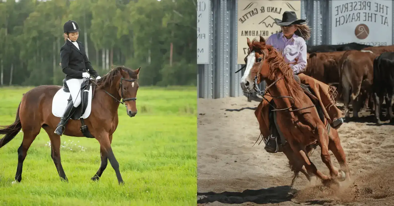 Amazzone in tenuta da concorso a sinistra e cowgirl western tra i bovini a destra