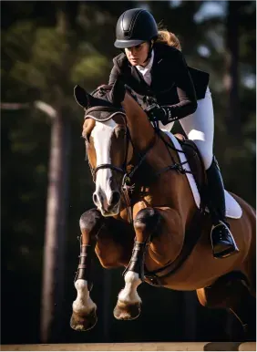 Amazzone in giacca nera e pantaloni bianchi supera un ostacolo in sella a un cavallo baio