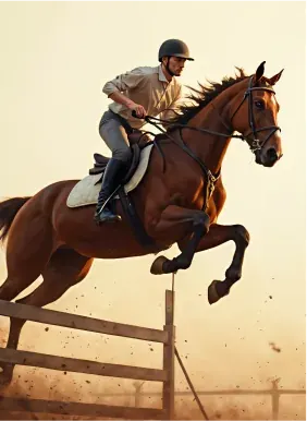 Illustrazione di un cavaliere che supera al galoppo una staccionata di legno